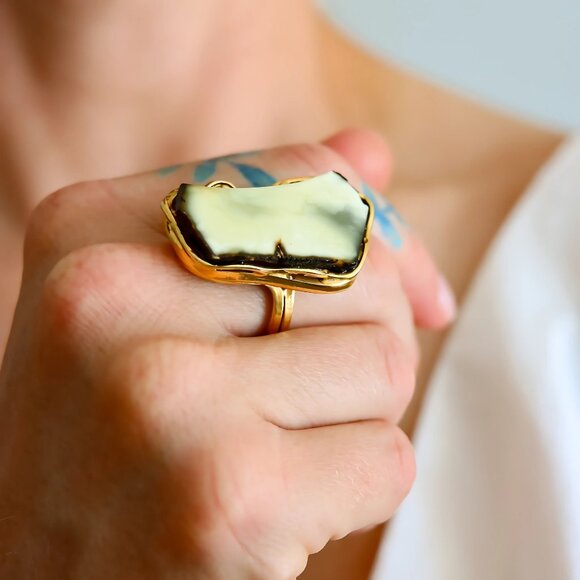 Baltic Amber Statement Ring – White & Black Amber, Gold Plated Sterling Silver - Picture 2 of 5